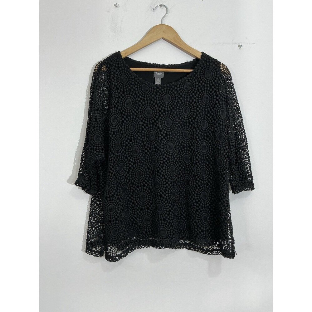 Womans Travelers By Chicos Black Pullover 3/4 Sleeve Crochet Lined Blouse Size 2